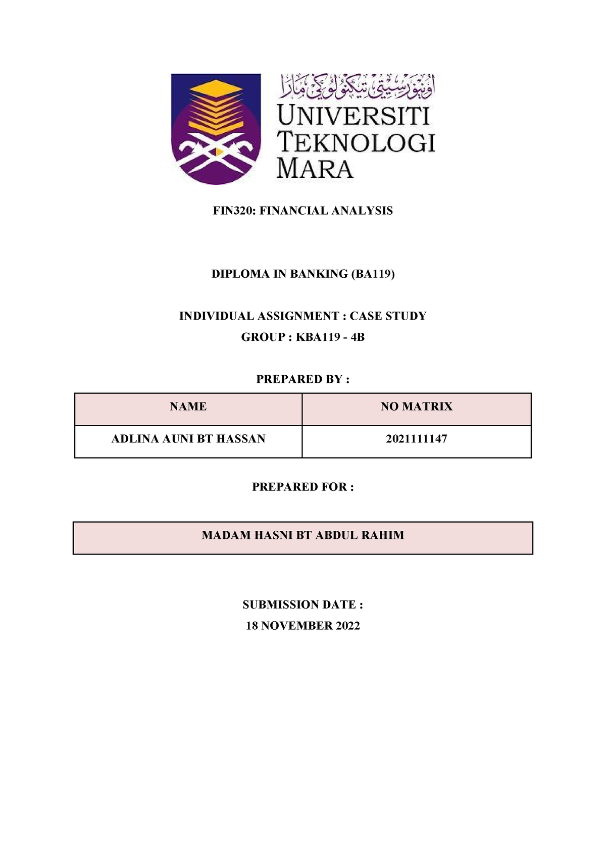 Adlina AUNI BT Hassan I Individual Assignment I FIN320 - Fundamental Of ...