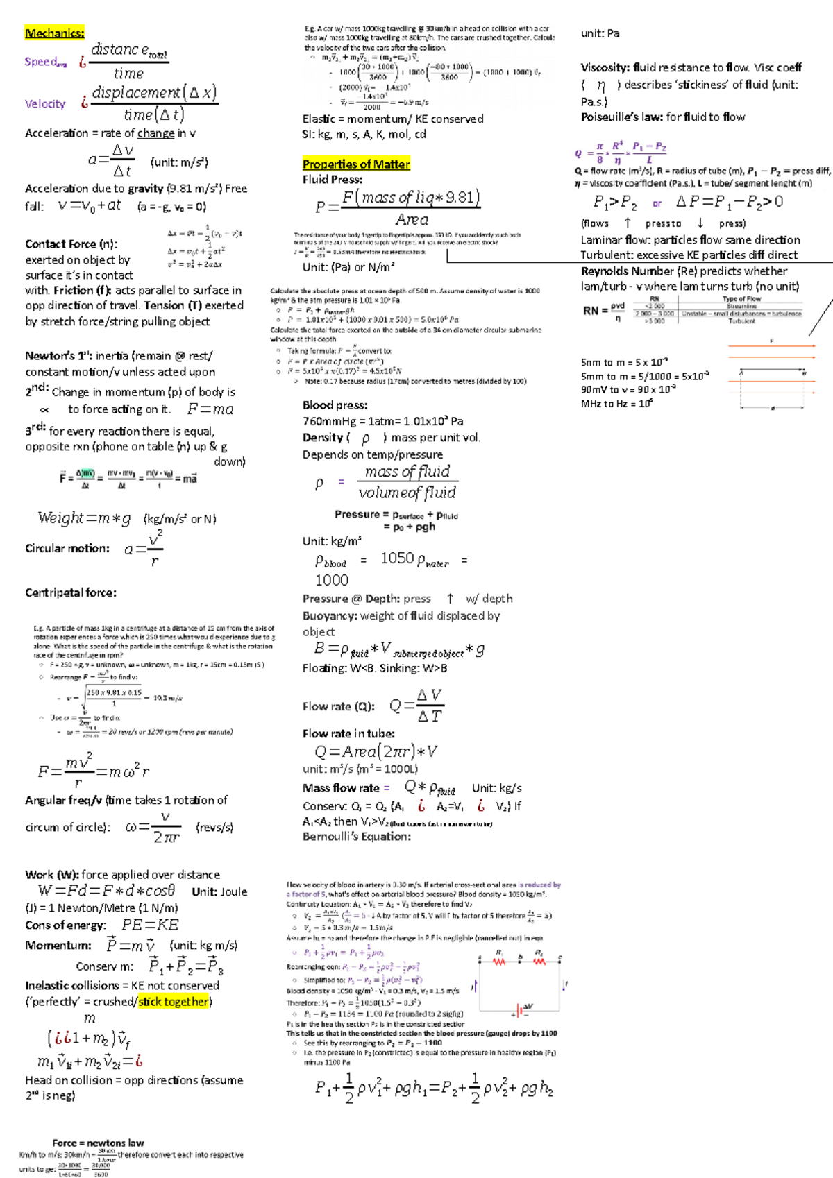 PAN Cheat Sheet - Mechanics: Speedavg¿distancetotal time Velocity ...