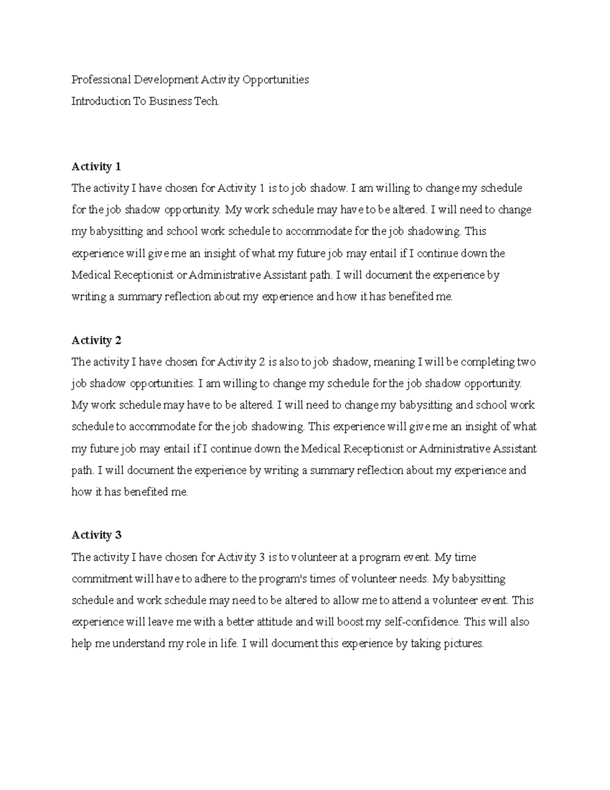 Professional Development Activity Opportunities Professional Development Activity