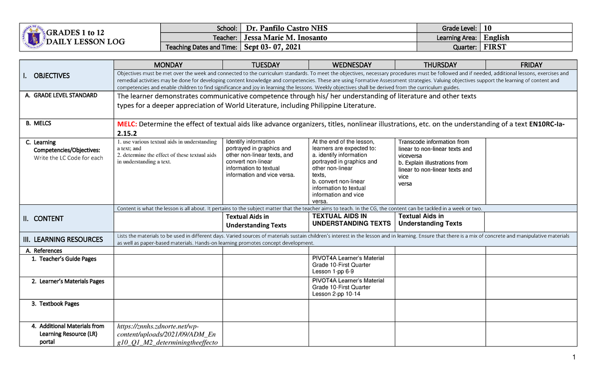 DLL Q1W2 - Daily Lesson Log - GRADES 1 To 12 DAILY LESSON LOG School ...