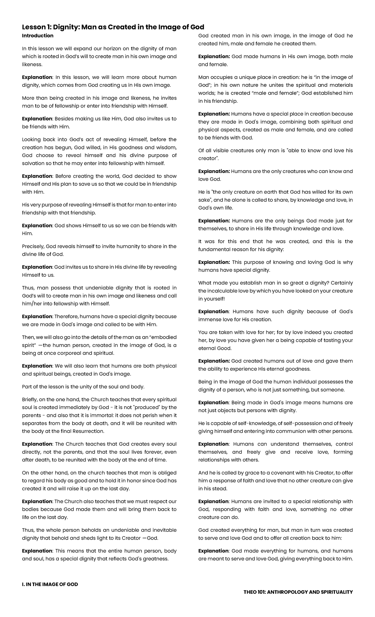 THEO Lesson 1-2 - Lesson 1: Dignity: Man as Created in the Image of God ...