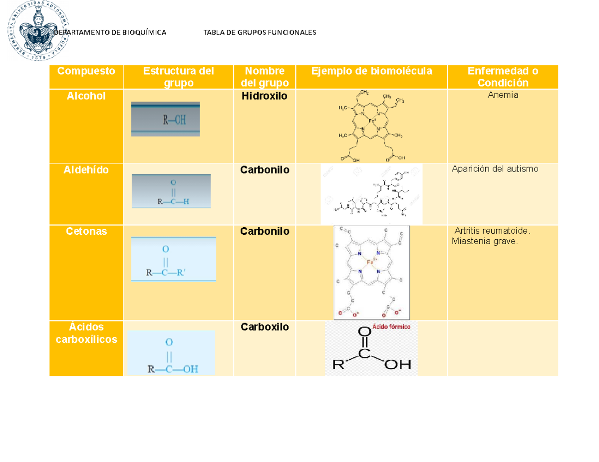 Tabla De Grupos Funcionales - DEPARTAMENTO DE BIOQUÍMICA TABLA DE ...