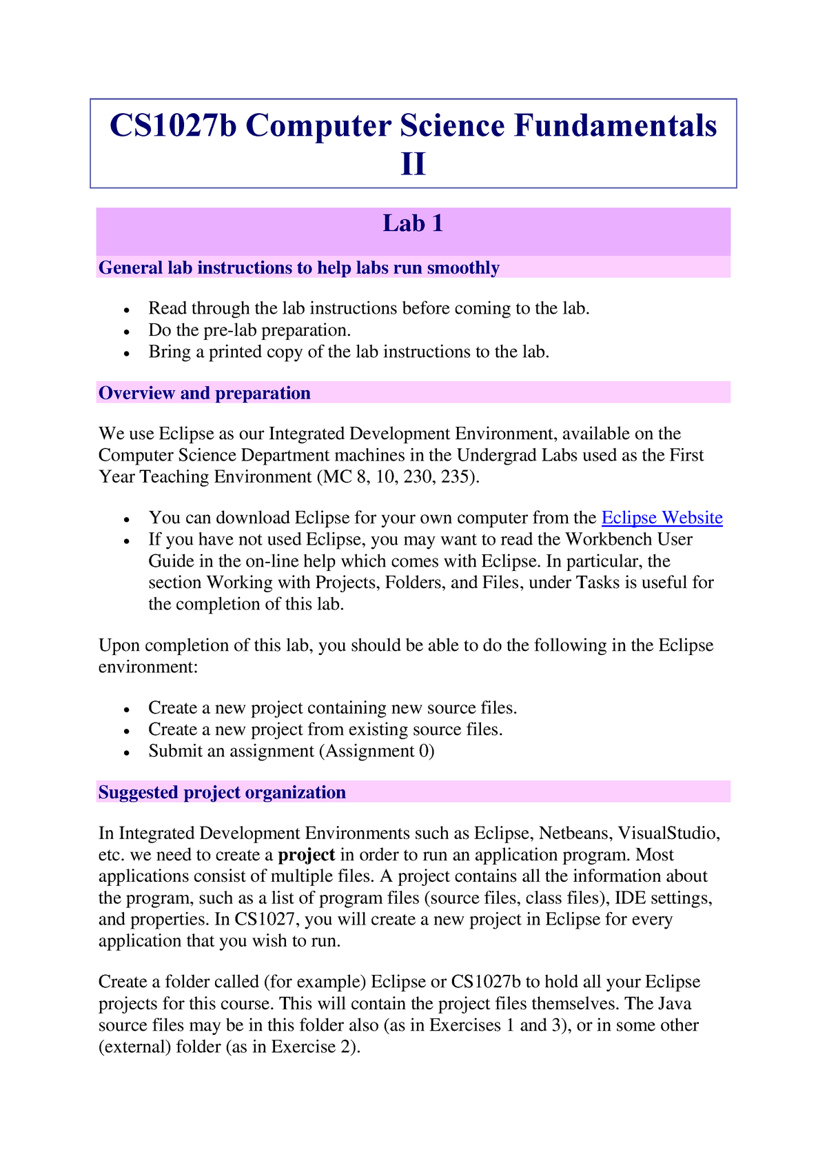 Lab 1, 3-7 - CS1027b Computer Science Fundamentals II Lab 1 General Lab ...