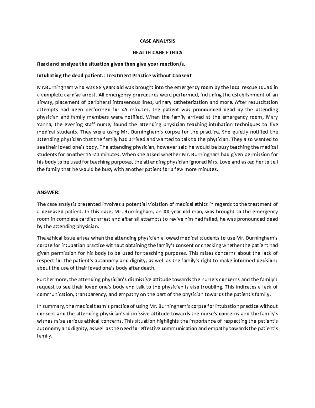 CASE Analysis - ... - CASE ANALYSIS HEALTH CARE ETHICS Read and analyze ...