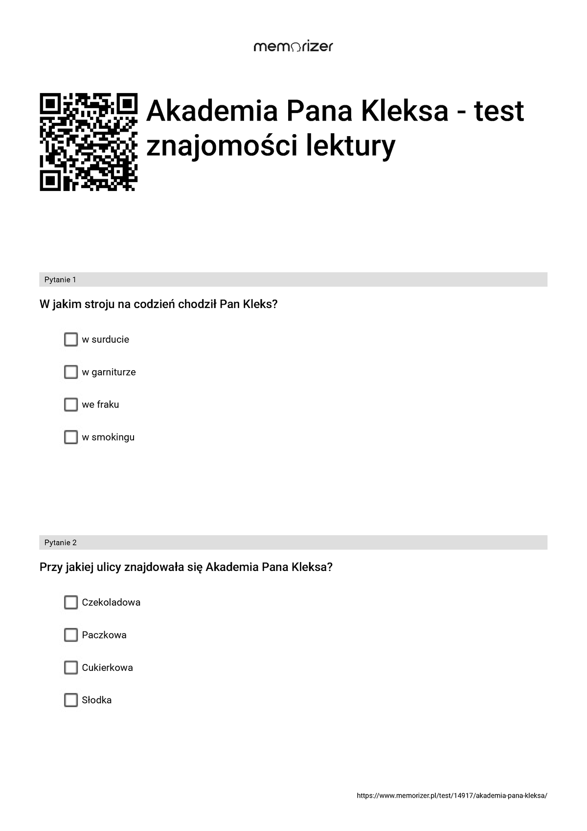 Akademia Pana Kleksa - Test Znajomości Lektury - RozwiĄŻ - Akademia ...