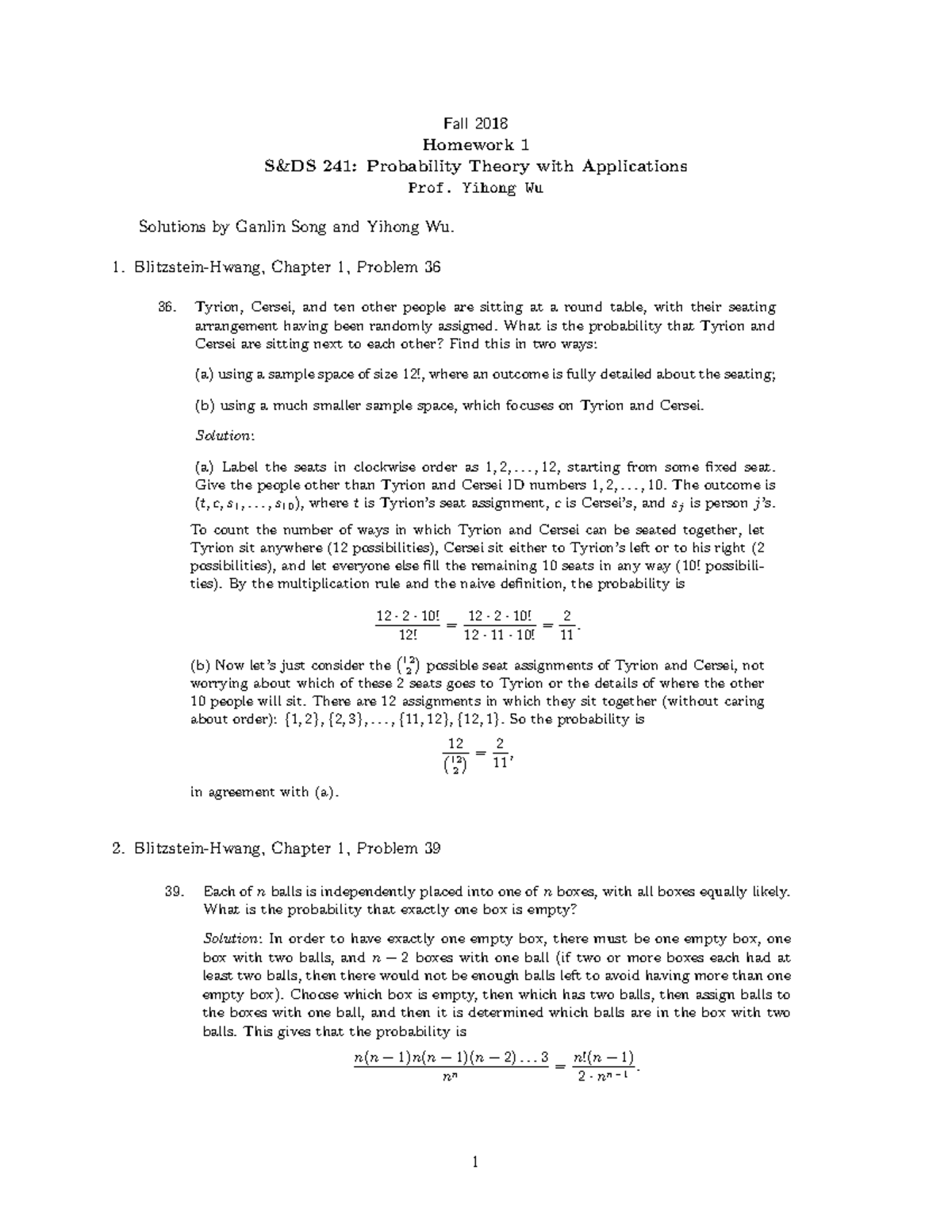 Hw1 Solutions - Hw 1 Solu - Fall 2018 Homework 1 S&DS 241: Probability ...