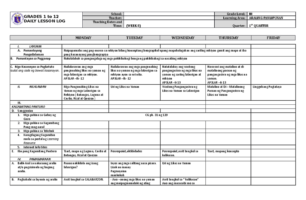 DLL Araling Panlipunan 3 Q1 W8 - GRADES 1 to 12 DAILY LESSON LOG School ...