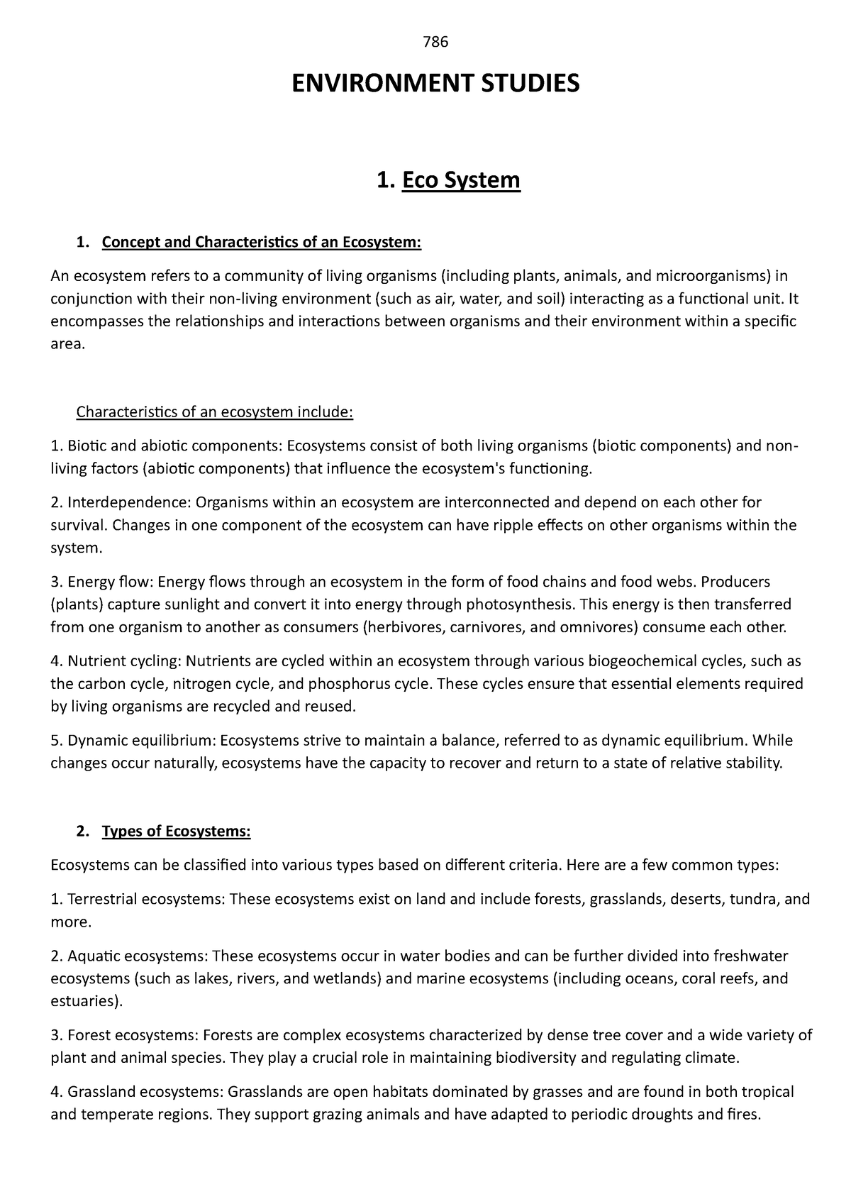 Environment Studies - 786 ENVIRONMENT STUDIES 1. Eco System Concept And ...