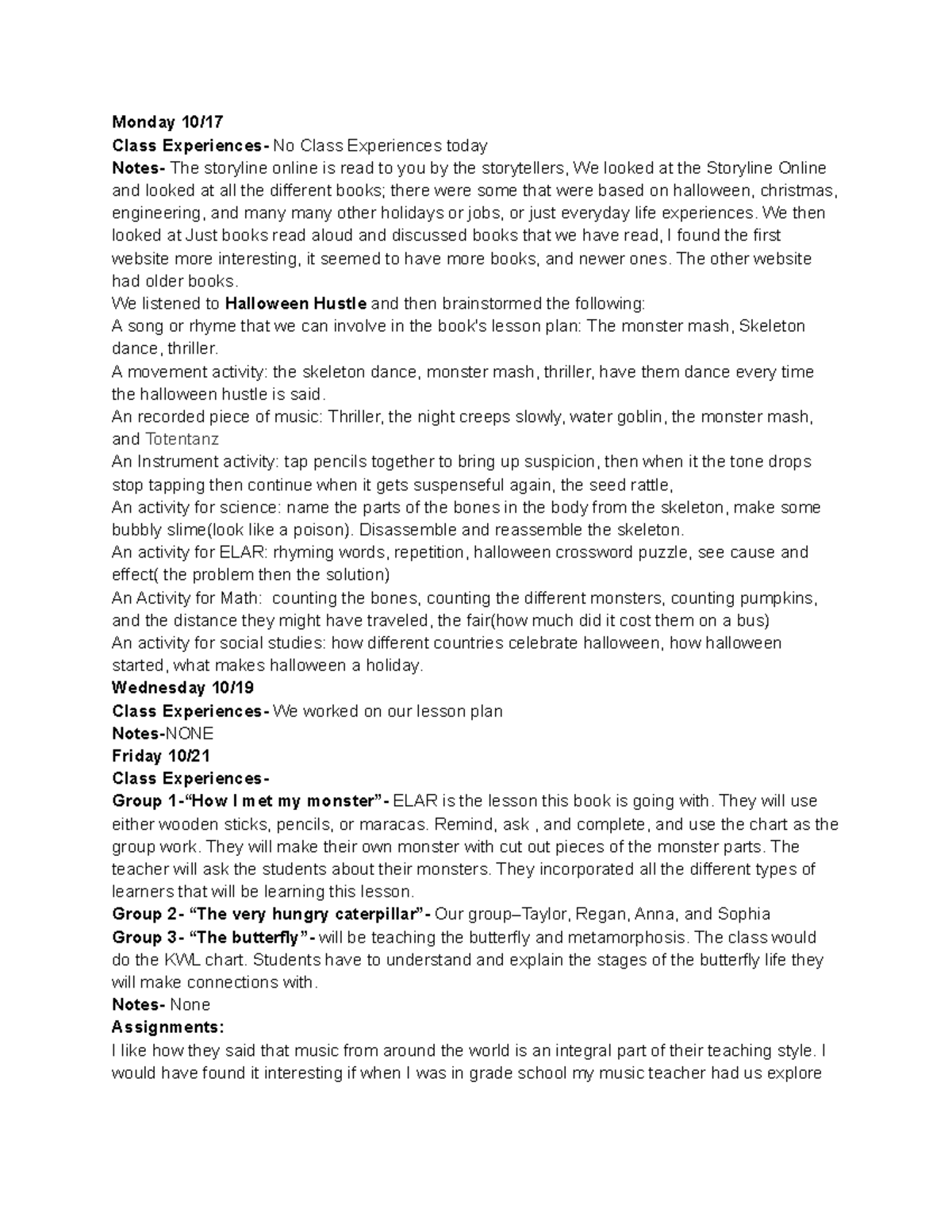 .Notes Class Experiences 9 - Monday 10/ Class Experiences- No Class ...