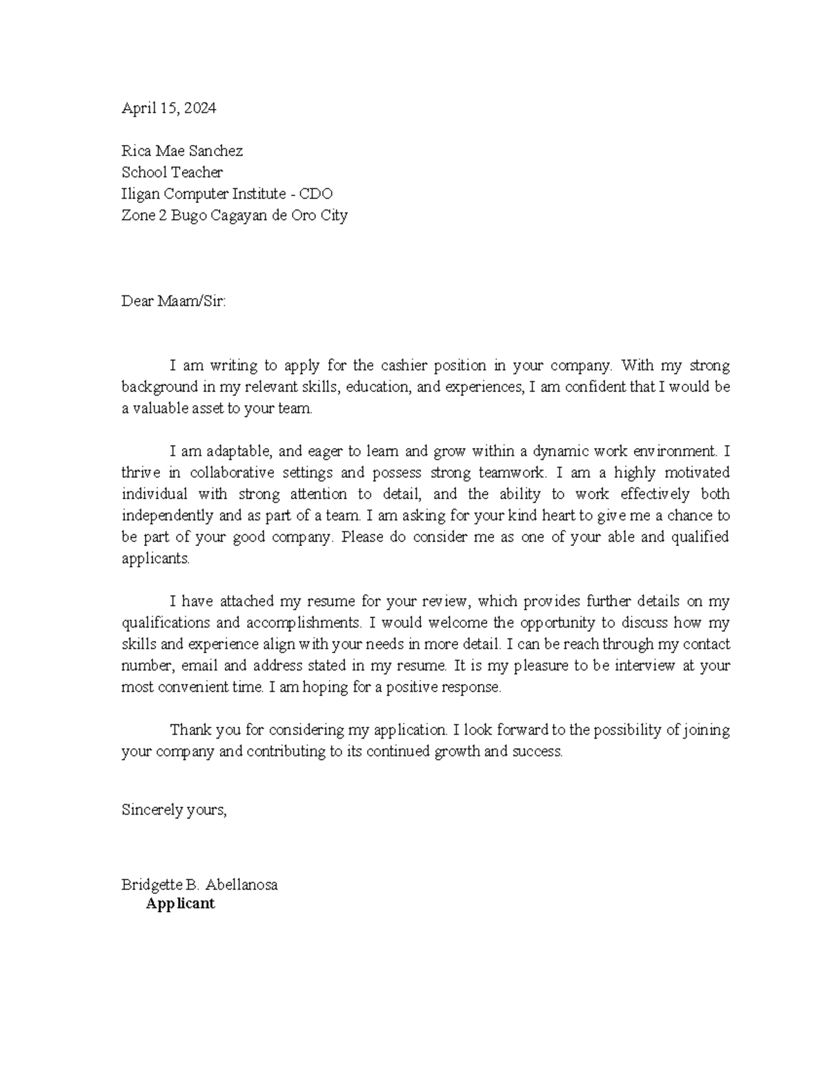 Applicaton Letter - sss - April 15, 2024 Rica Mae Sanchez School ...