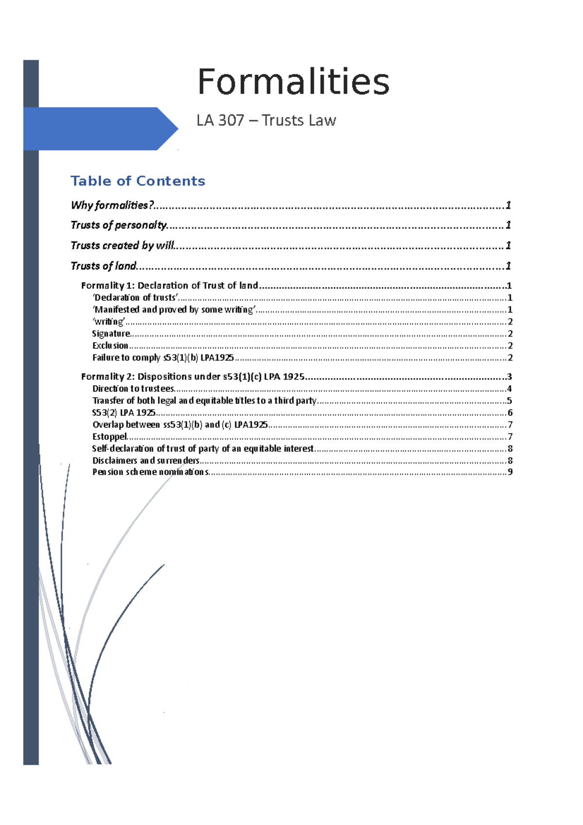 Trusts Formalities - Table of Contents Formalities Why - Studocu
