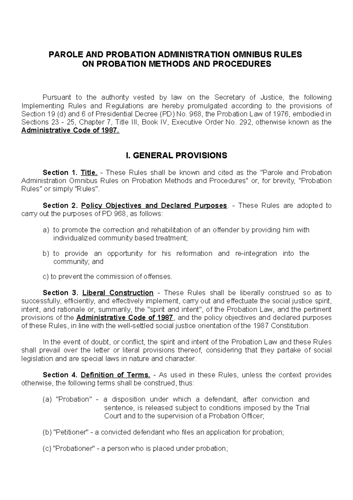 Omnibus Rules on Probation PAROLE AND PROBATION ADMINISTRATION OMNIBUS RULES ON PROBATION