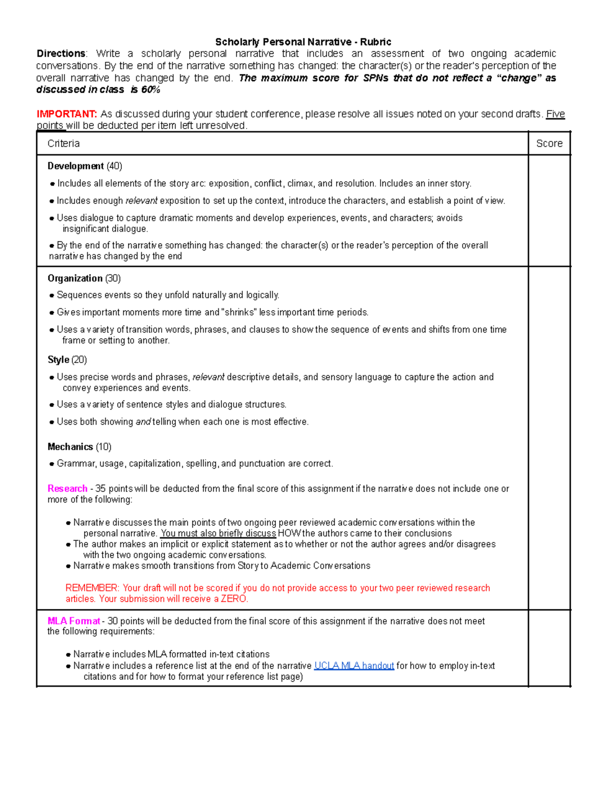 SPN Final Draft- Rubric- Revised 9-16-22 - Scholarly Personal Narrative ...