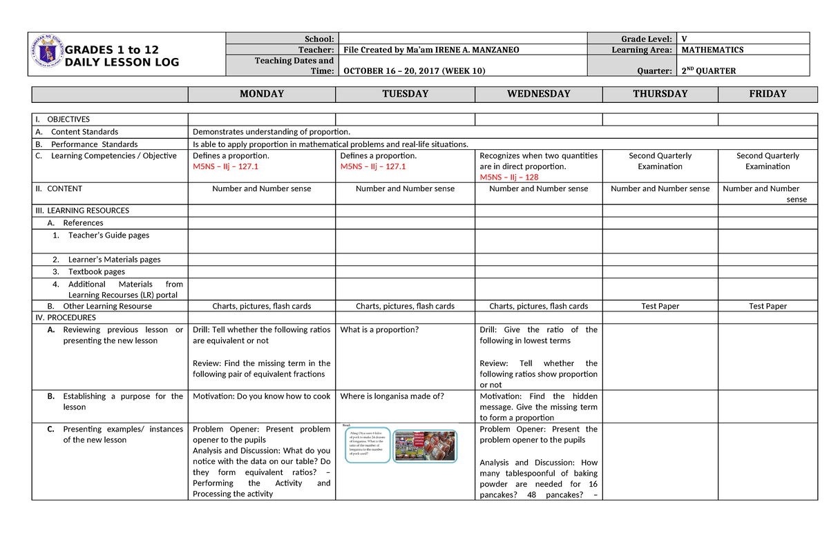 DLL Mathematics 5 Q2 W10 - GRADES 1 To 12 DAILY LESSON LOG School ...