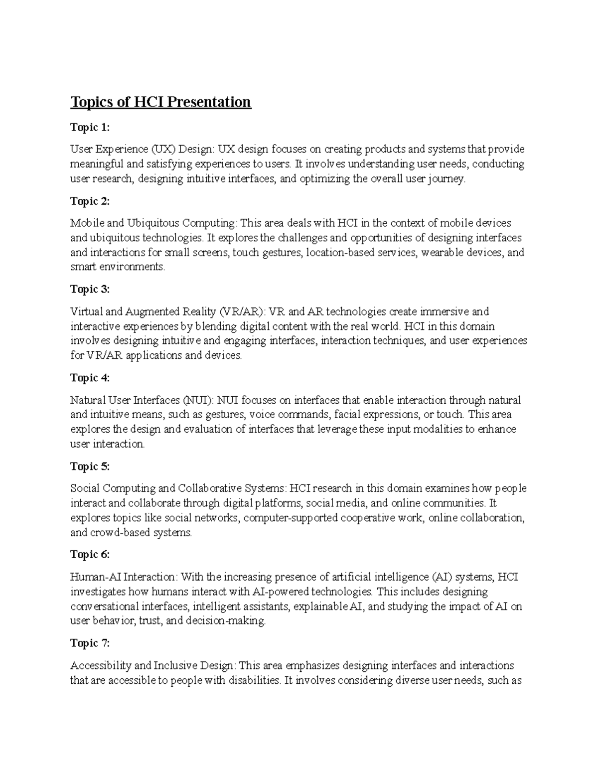 Presntation topis - N/A - Topics of HCI Presentation Topic 1: User ...