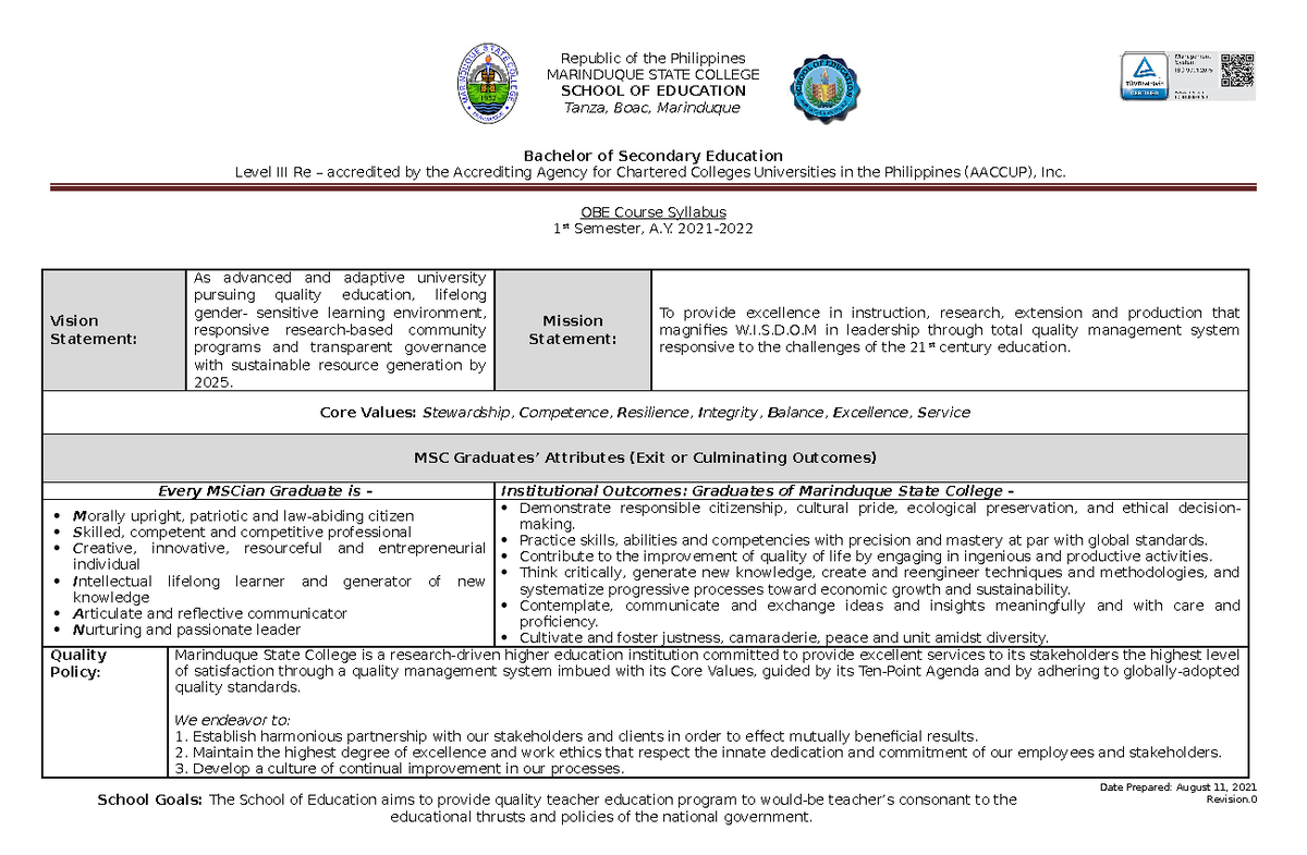 TTL1 OBE-Syllabus - BSEd - MARINDUQUE STATE COLLEGE SCHOOL OF EDUCATION ...