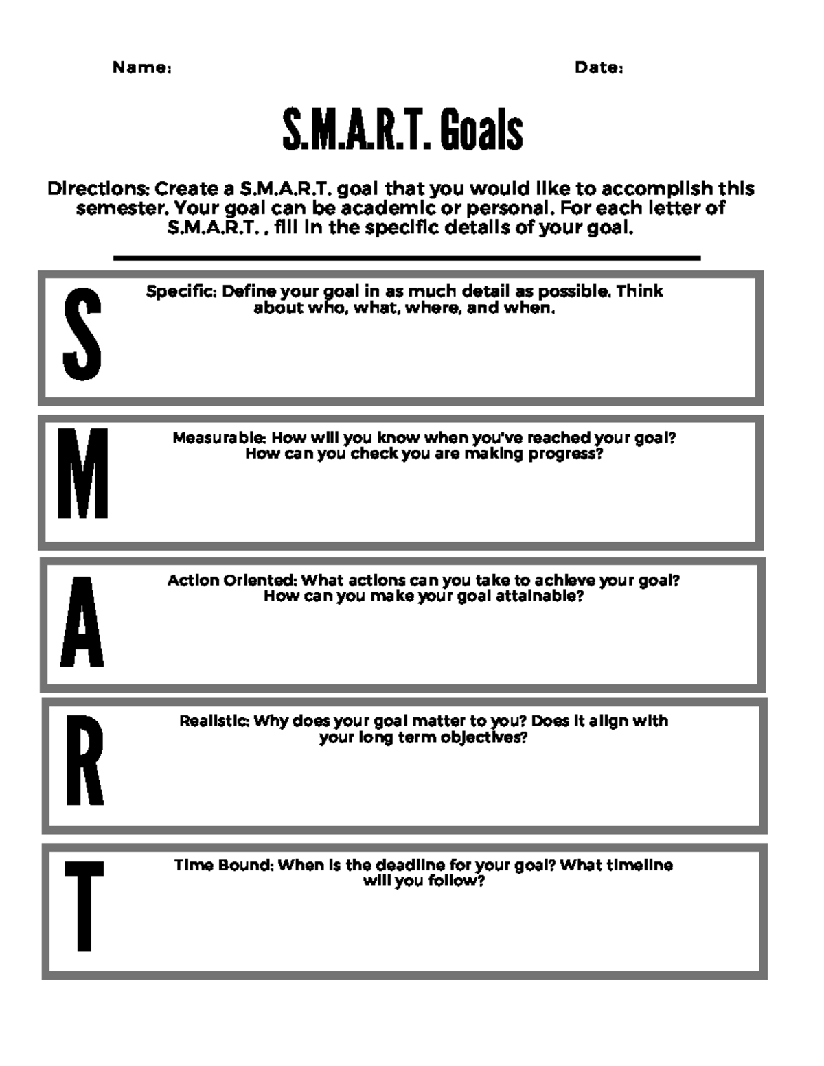 Smart goals worksheet - random - S.M.A.R. Goals Name: Date: Directions ...