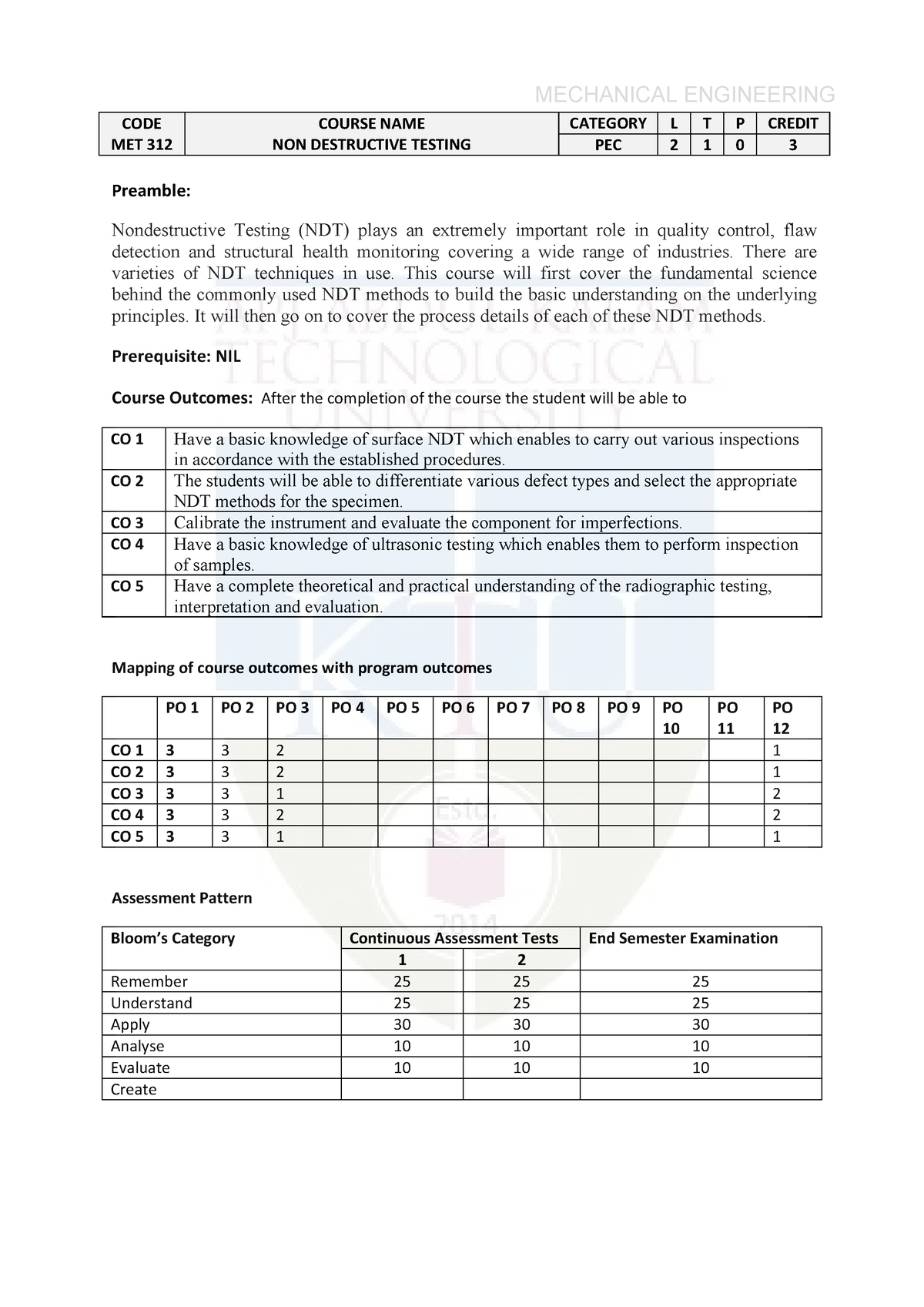 MET312 - Ktu Qbank - CODE MET 312 COURSE NAME NON DESTRUCTIVE TESTING ...