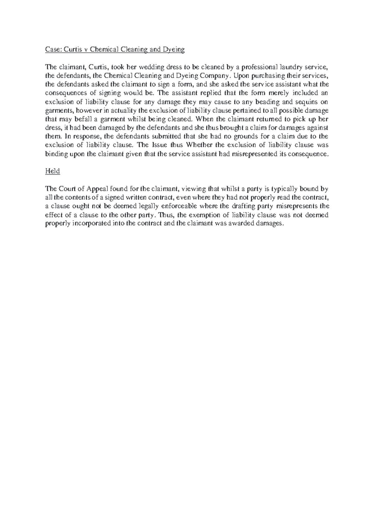 Extra case - Curtis case (exemption of liability clause) - Case: Curtis ...