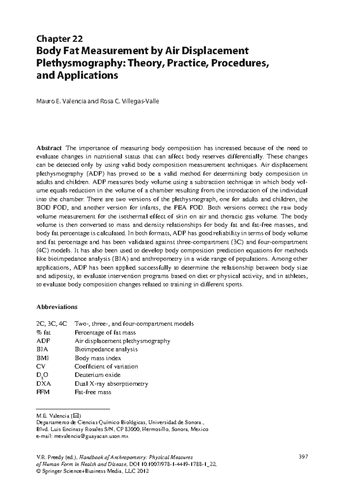 Chapter 22 Body Fat Measurement by Air Displacement Plethysmography - V ...