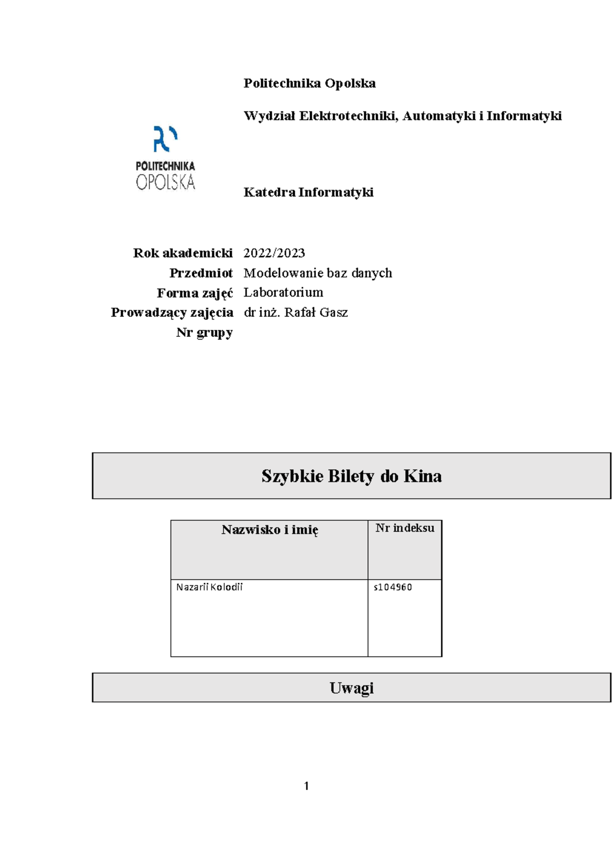 S104960 - Politechnika Opolska Wydział Elektrotechniki, Automatyki I ...