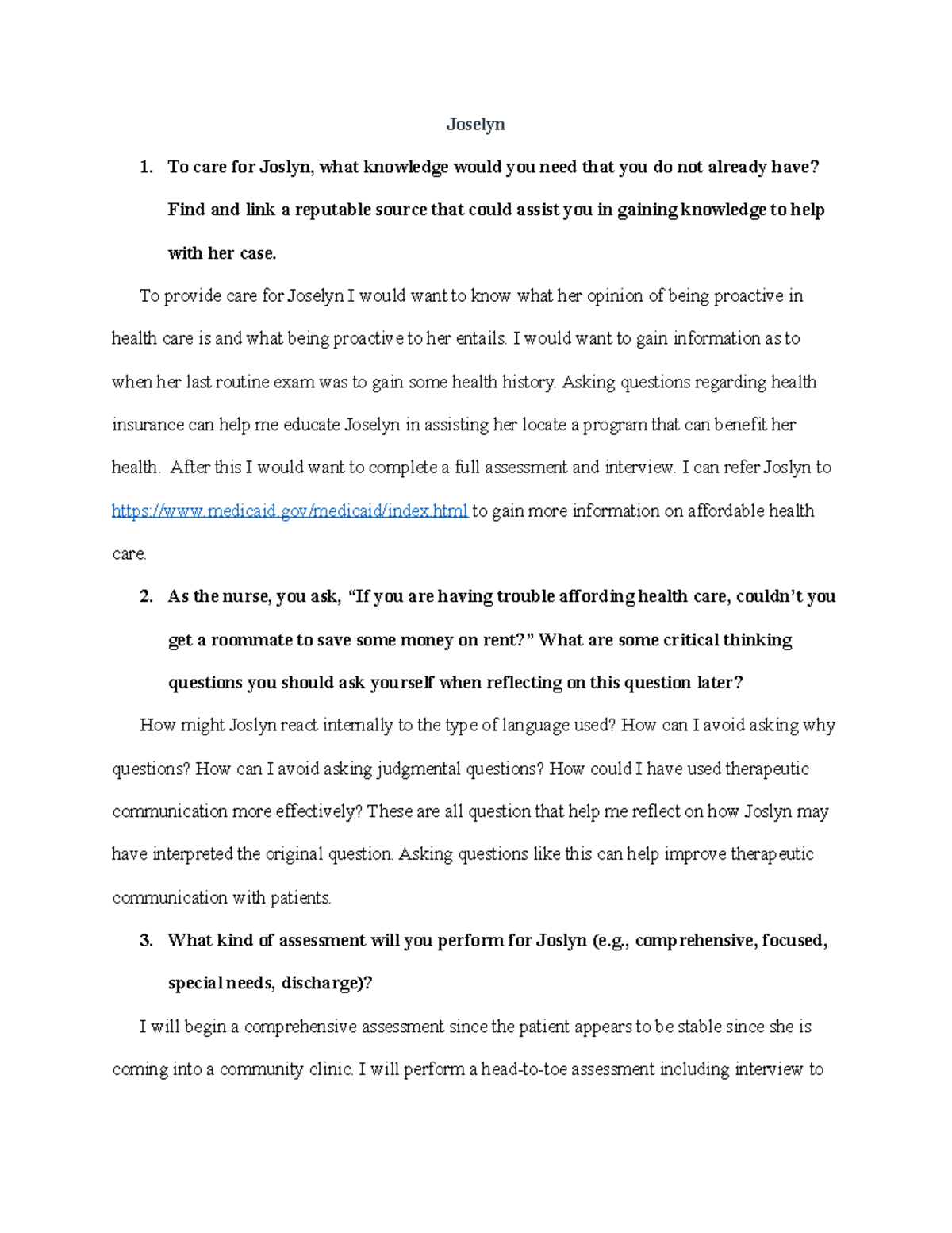 Joselyn - Assignment for guidance - **Joselyn To care for Joslyn, what ...