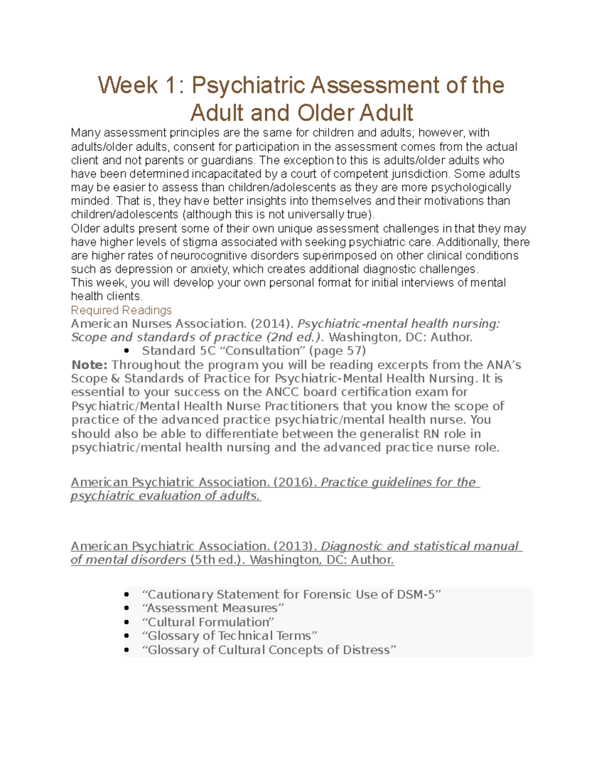 Practicum Journal and Psychiatric Assessment Week 1 Psychiatric