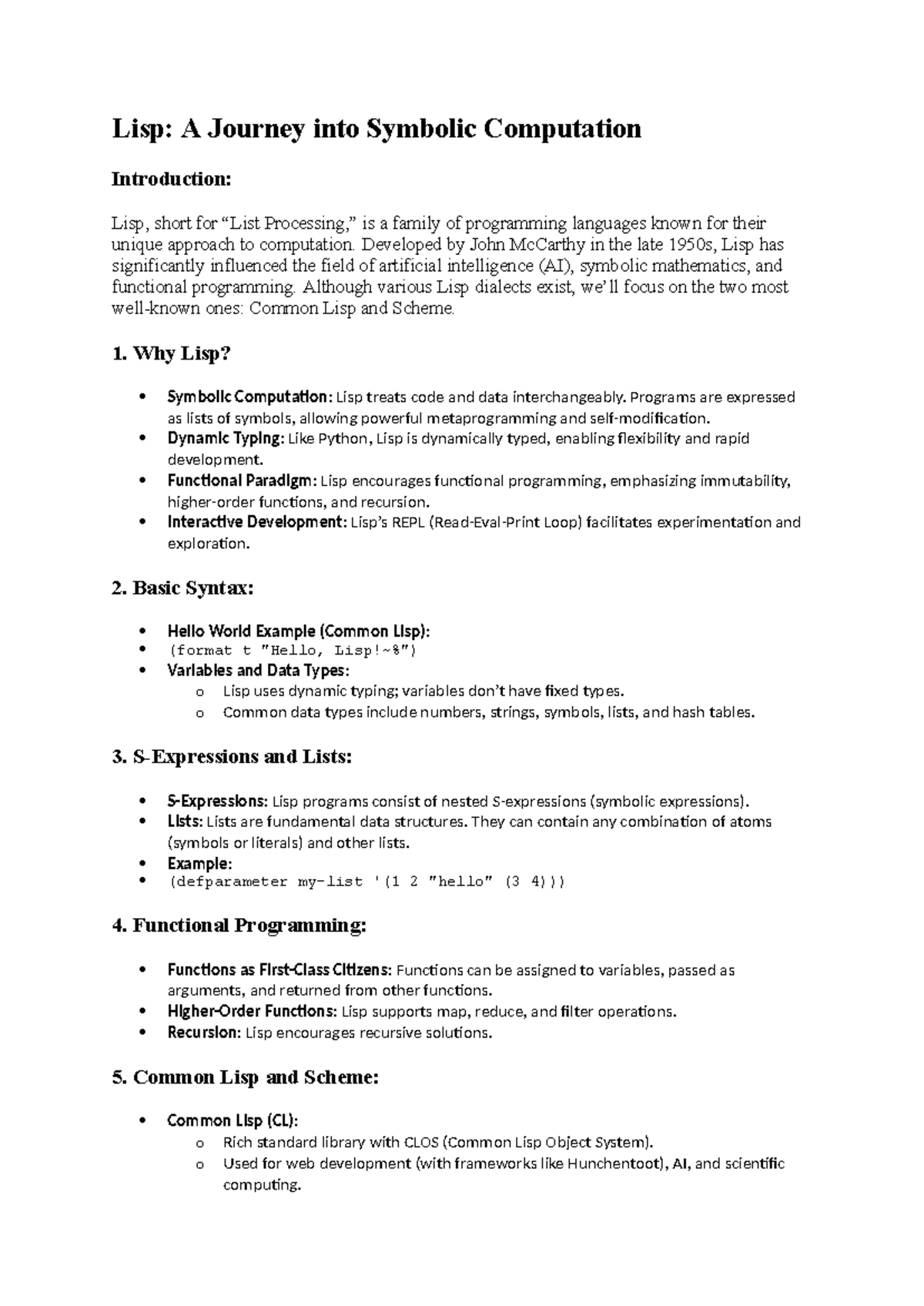 Introduction to lisp - CS fundamentals - Lisp: A Journey into Symbolic ...