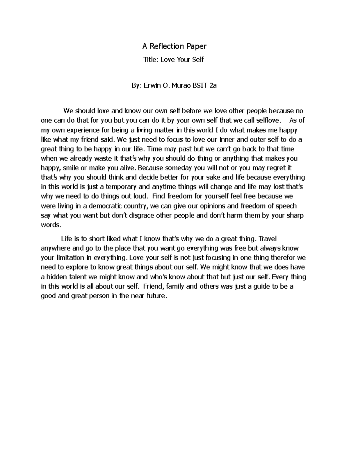 A Reflection Paper GEC105 - A Reflection Paper Title: Love Your Self By ...