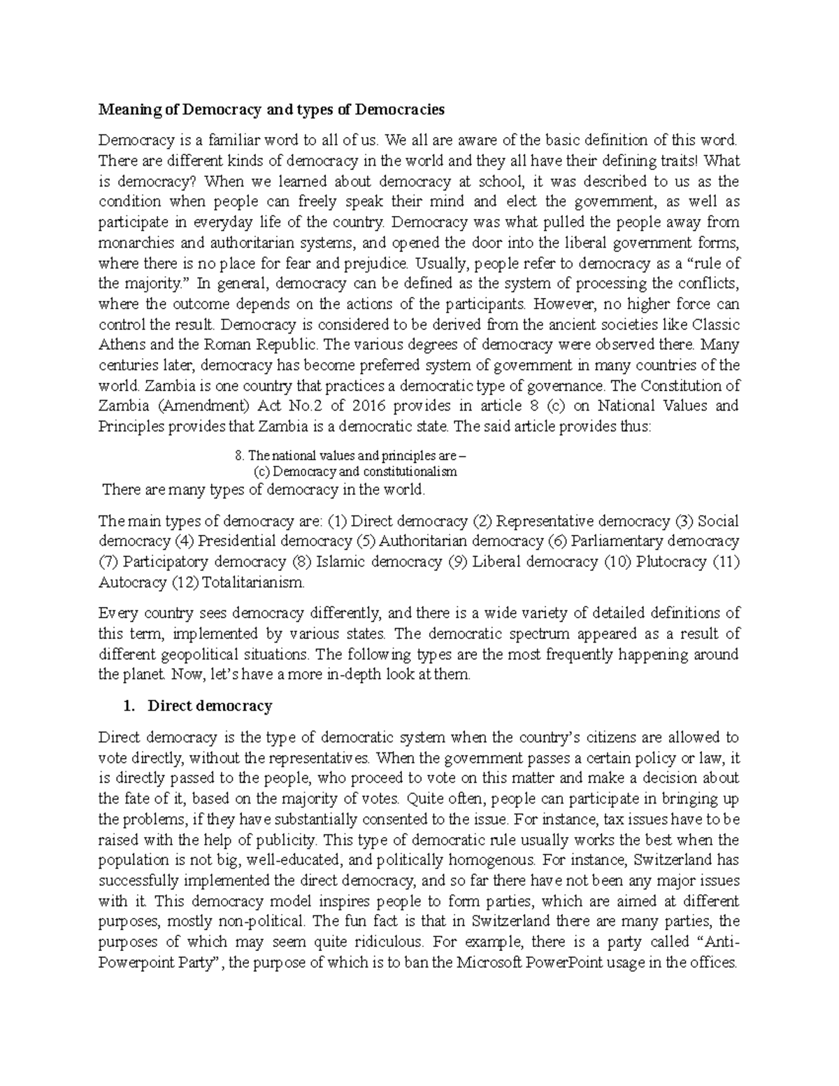 Types of democracy - Human Rights Law - UNZA - Studocu
