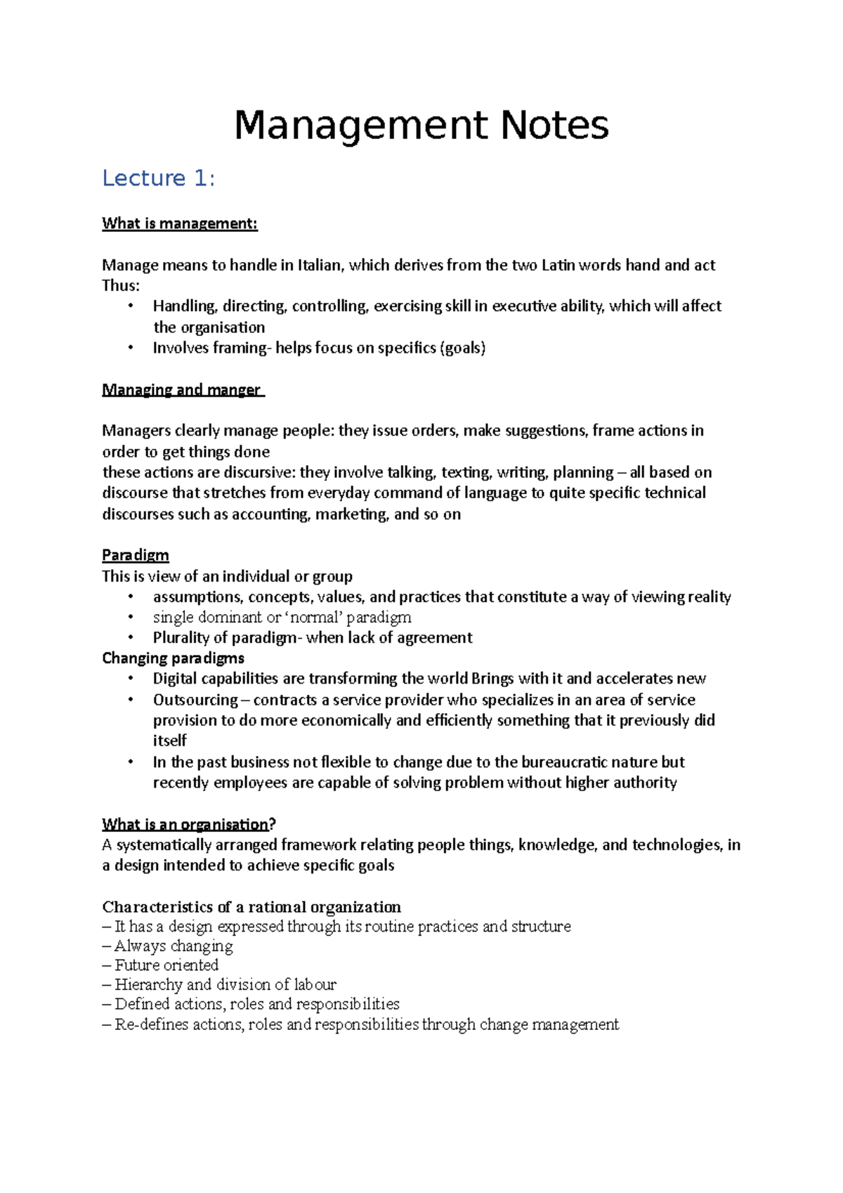 Management Notes - Management Notes Lecture 1: What is management ...