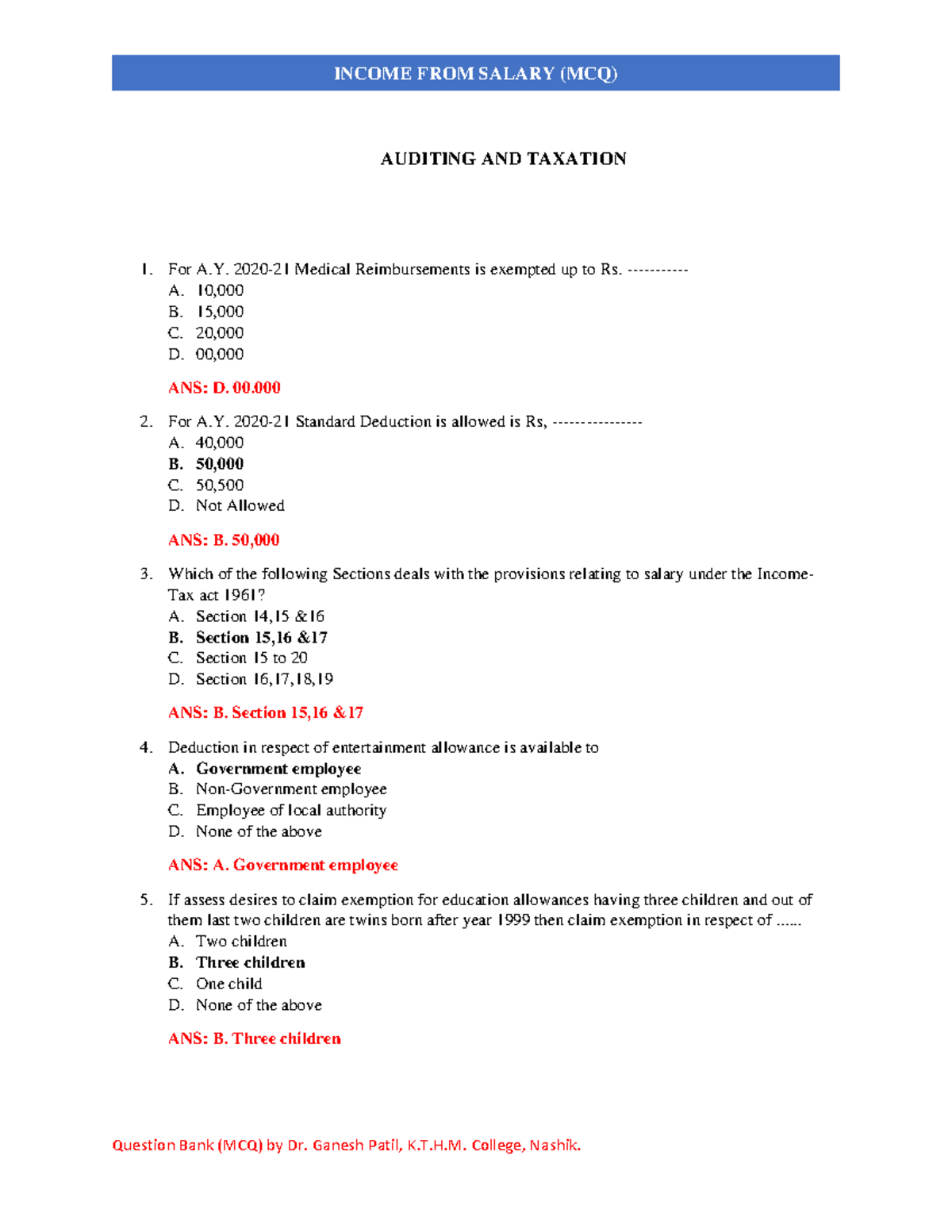 Income From Salary (MCQ) - Question Bank (MCQ) By Dr. Ganesh Patil, K.T ...