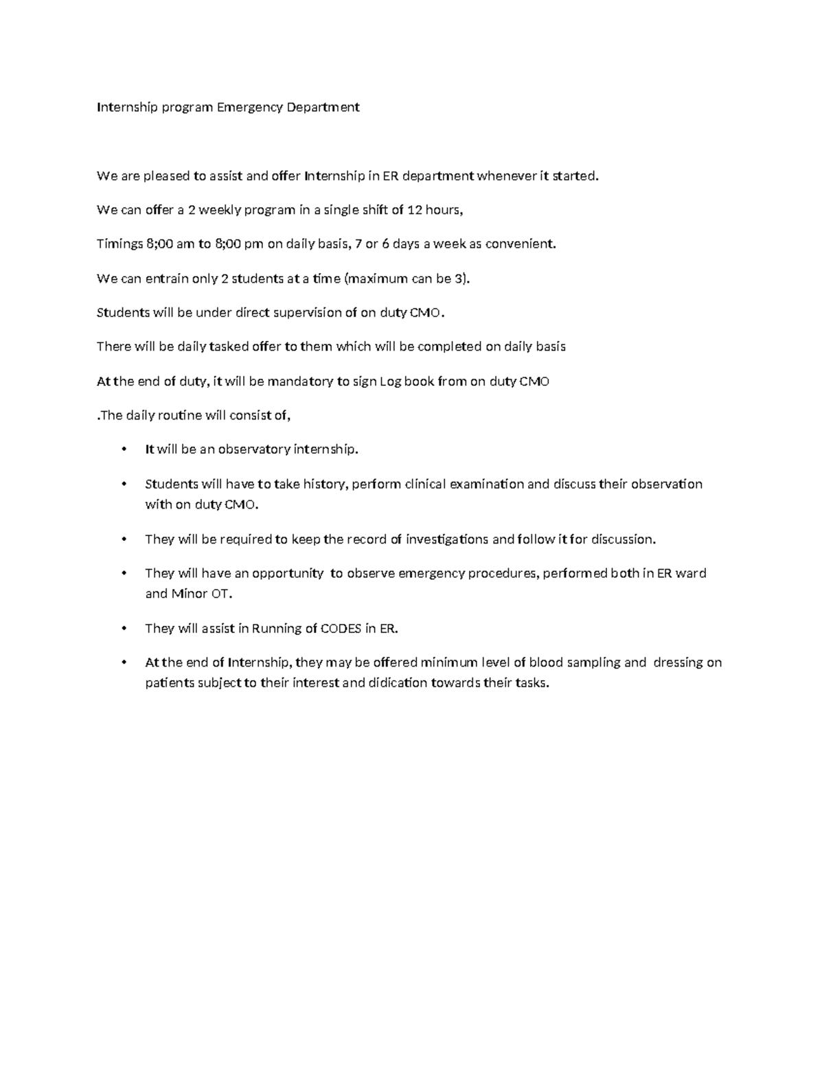 Internship program Emergency Department - We can offer a 2 weekly ...