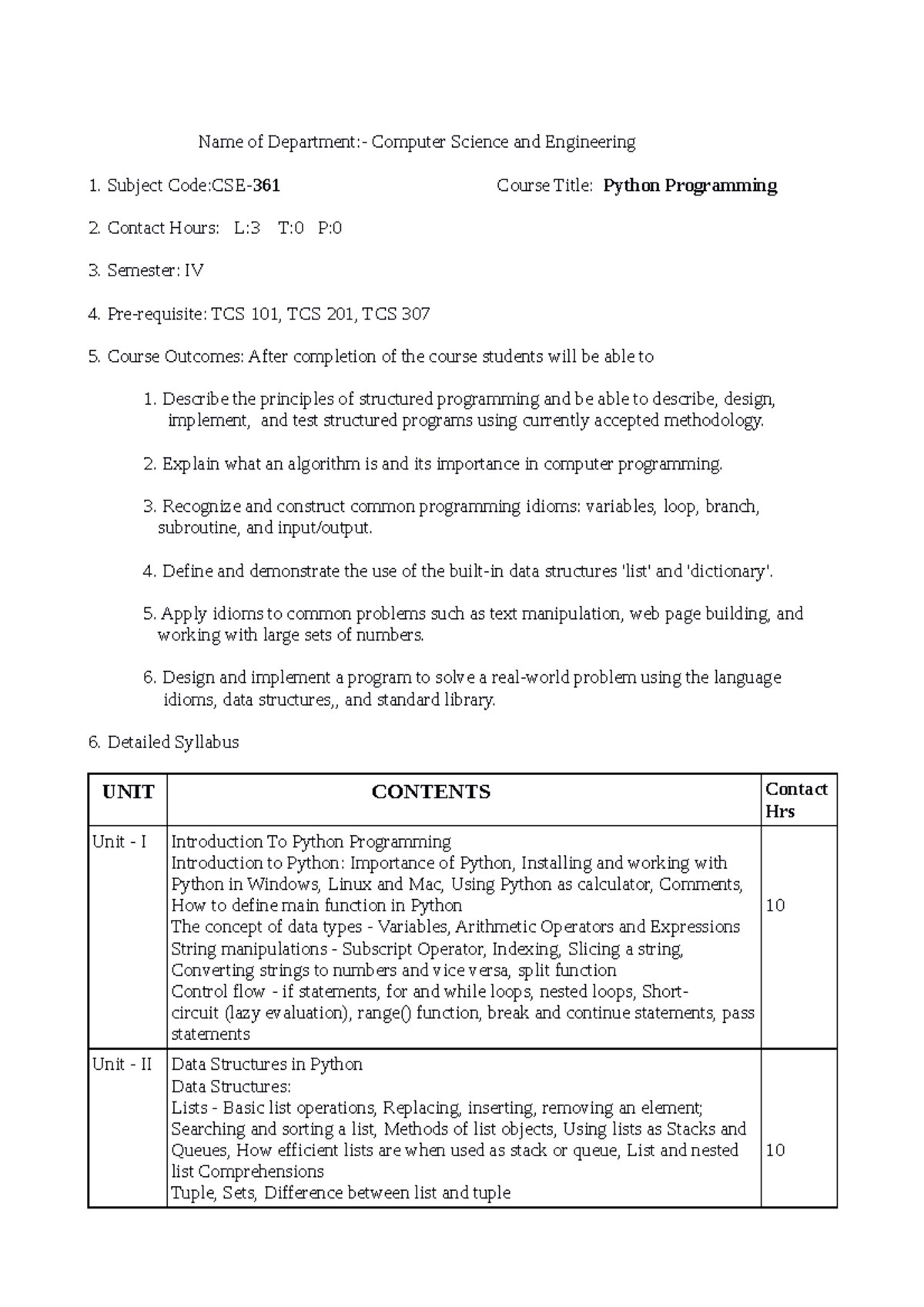 Python syllabus - Name of Department:- Computer Science and Engineering ...