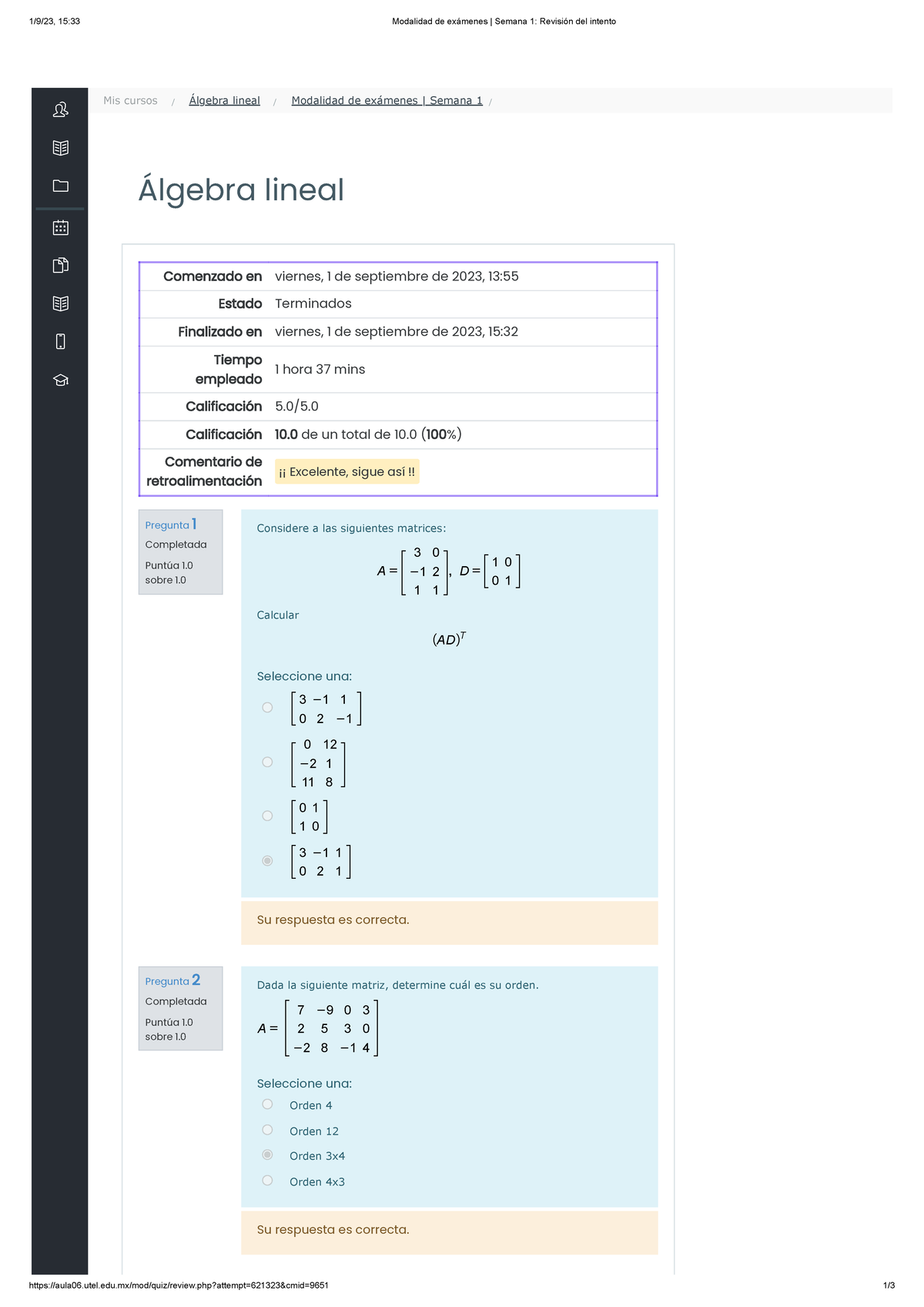 Modalidad De Exámenes Semana 1 Algebra Lineal ARB - 1/9/23, 15:33 ...