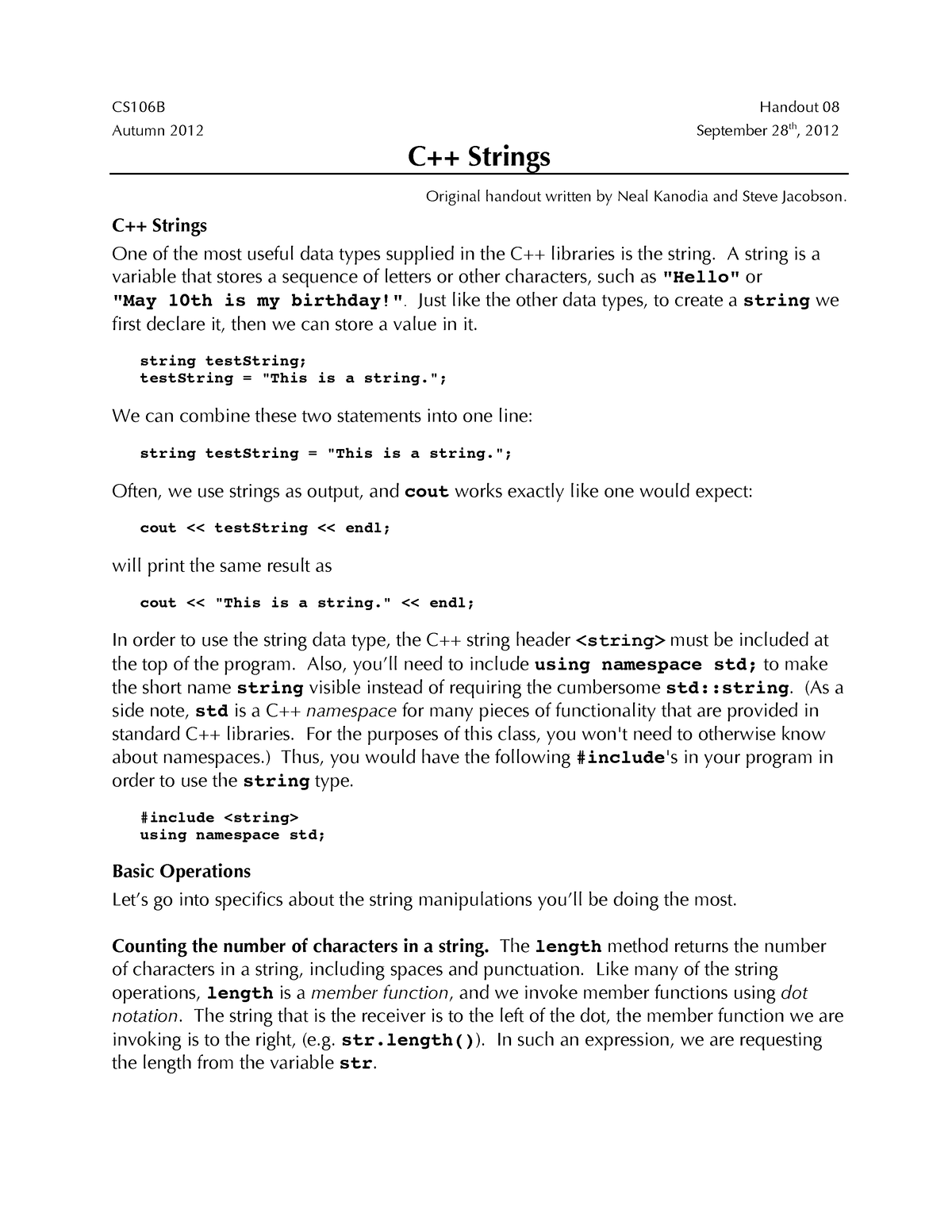 08-C++-Strings - Strings In C++ - CS106B Handout 08 Autumn 2012 ...