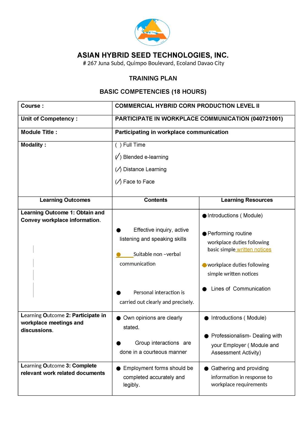 Proofread Training PLAN - ASIAN HYBRID SEED TECHNOLOGIES, INC. # 267 ...