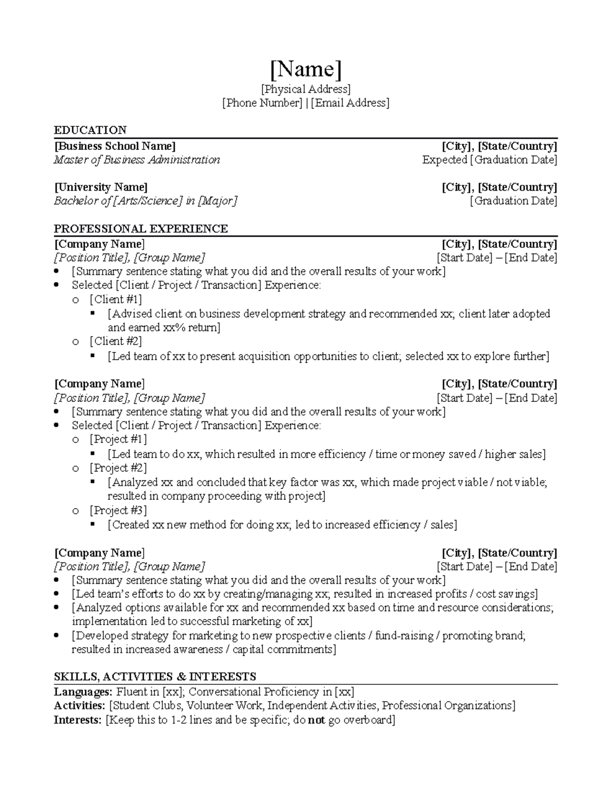 MBA Investment Banking Resume Template - [Name] [Physical Address ...