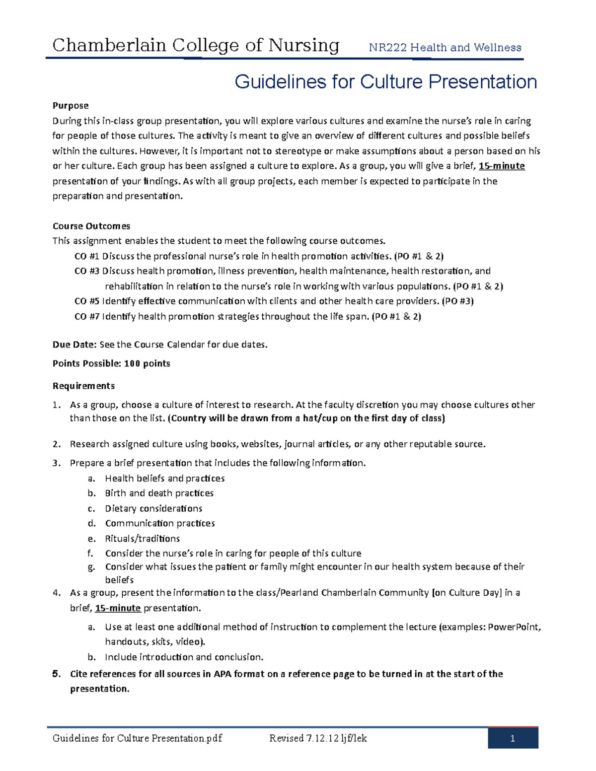 Culture PPT Guidlines - nr222 - Chamberlain College of Nursing NR222 Health  and Wellness Guidelines - Studocu
