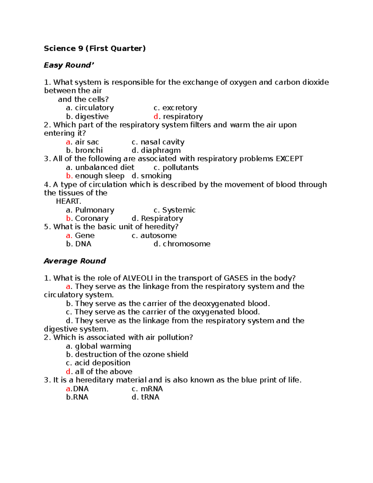 Quiz bowl for contest Science 9 (First Quarter) Easy Round’ What