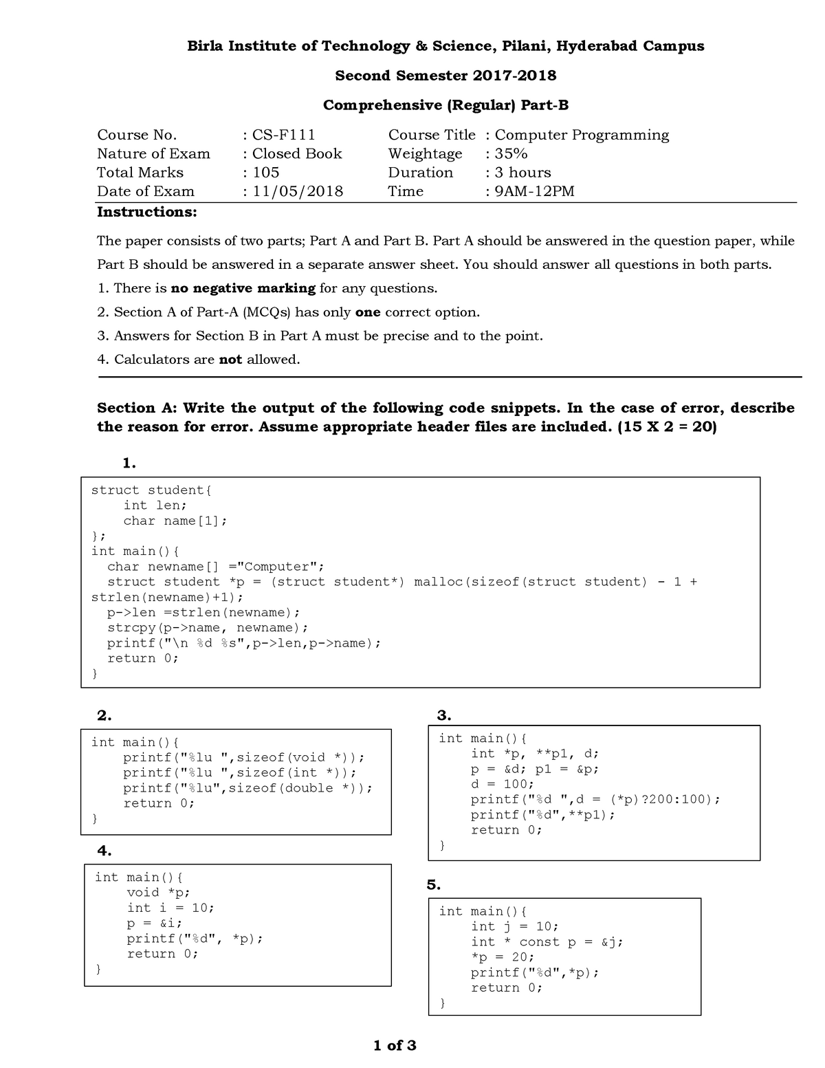 Part-B (2018 ) - Part-B (2018 ) - Computer Programming - BITS Pilani ...