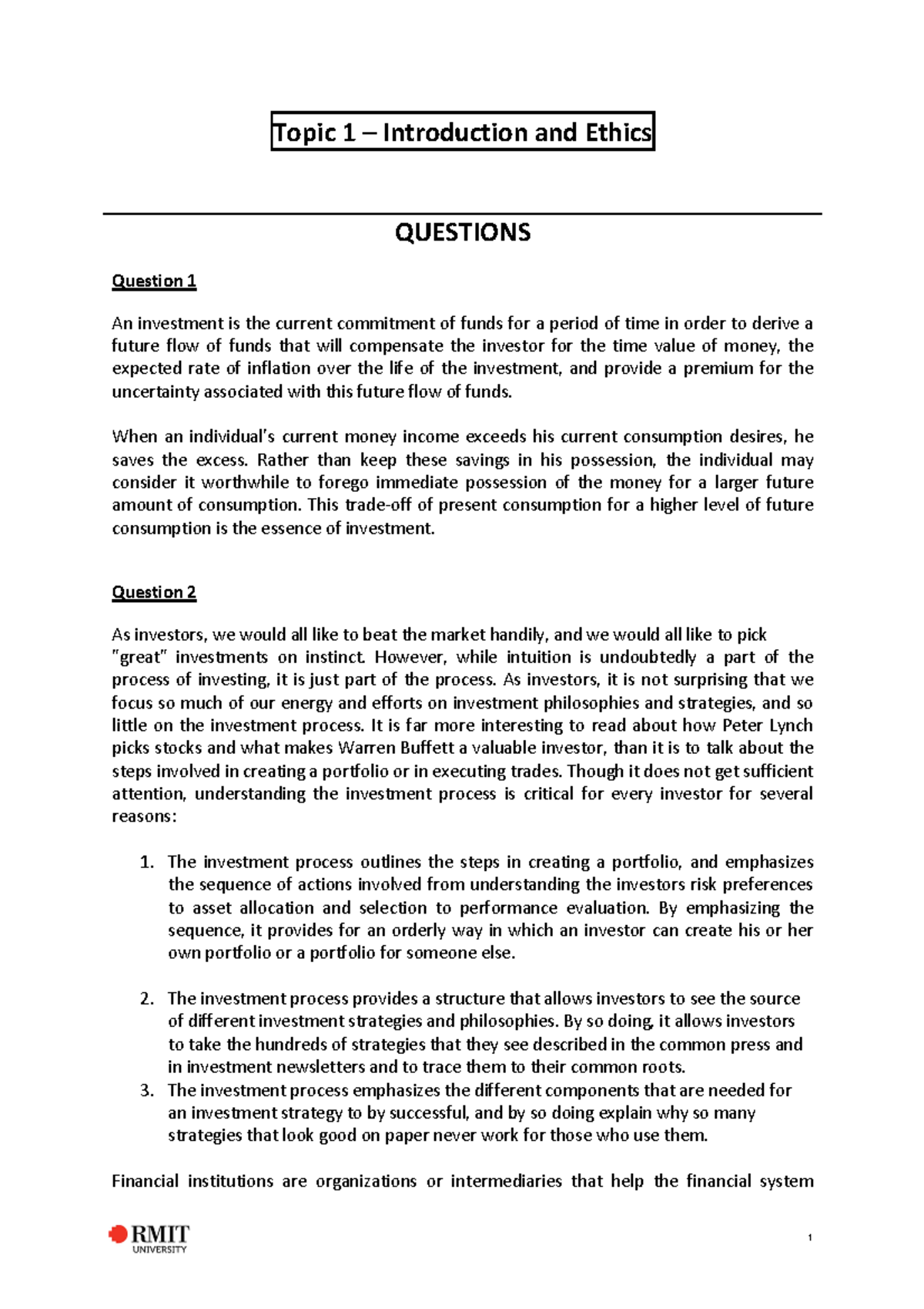 Topic 1 - Tutorial Solutions - Topic 1 – Introduction and Ethics ...