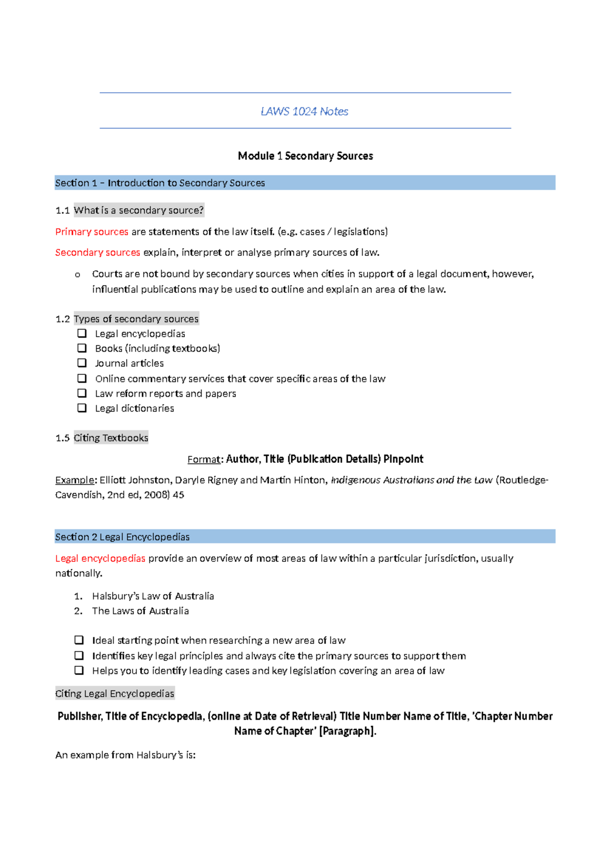 LAWS 1024 Notes - LAWS 1024 Notes Module 1 Secondary Sources Section 1 ...