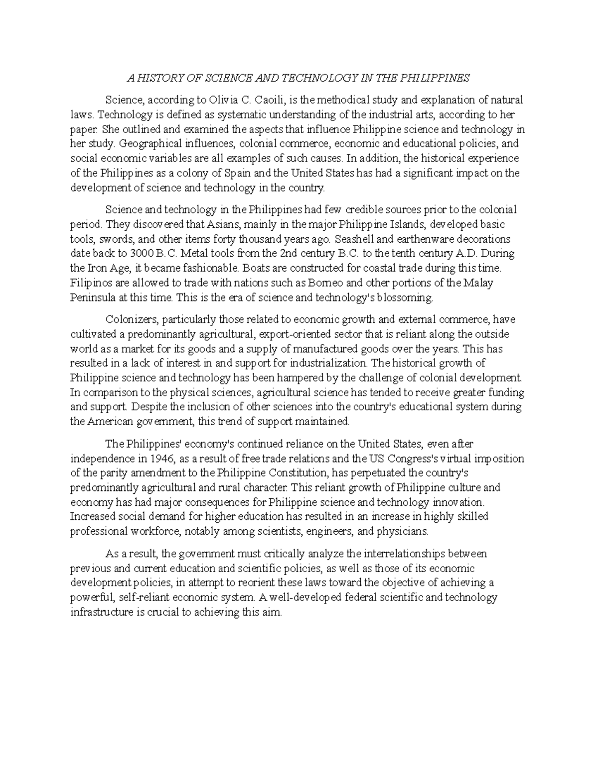 Reflection paper about A HISTORY OF SCIENCE AND TECHNOLOGY IN THE