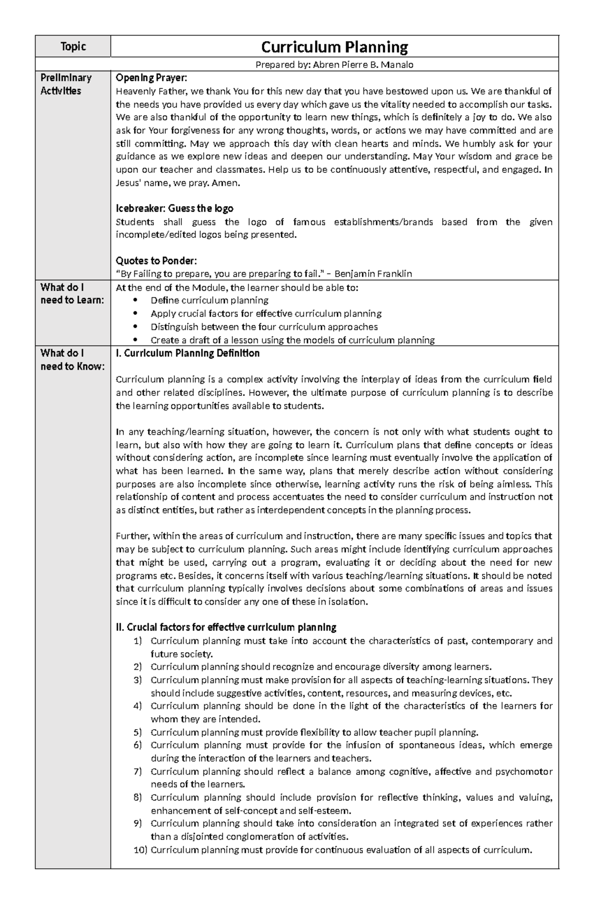 Curriculum Planning - Topic Curriculum Planning Prepared by: Abren ...