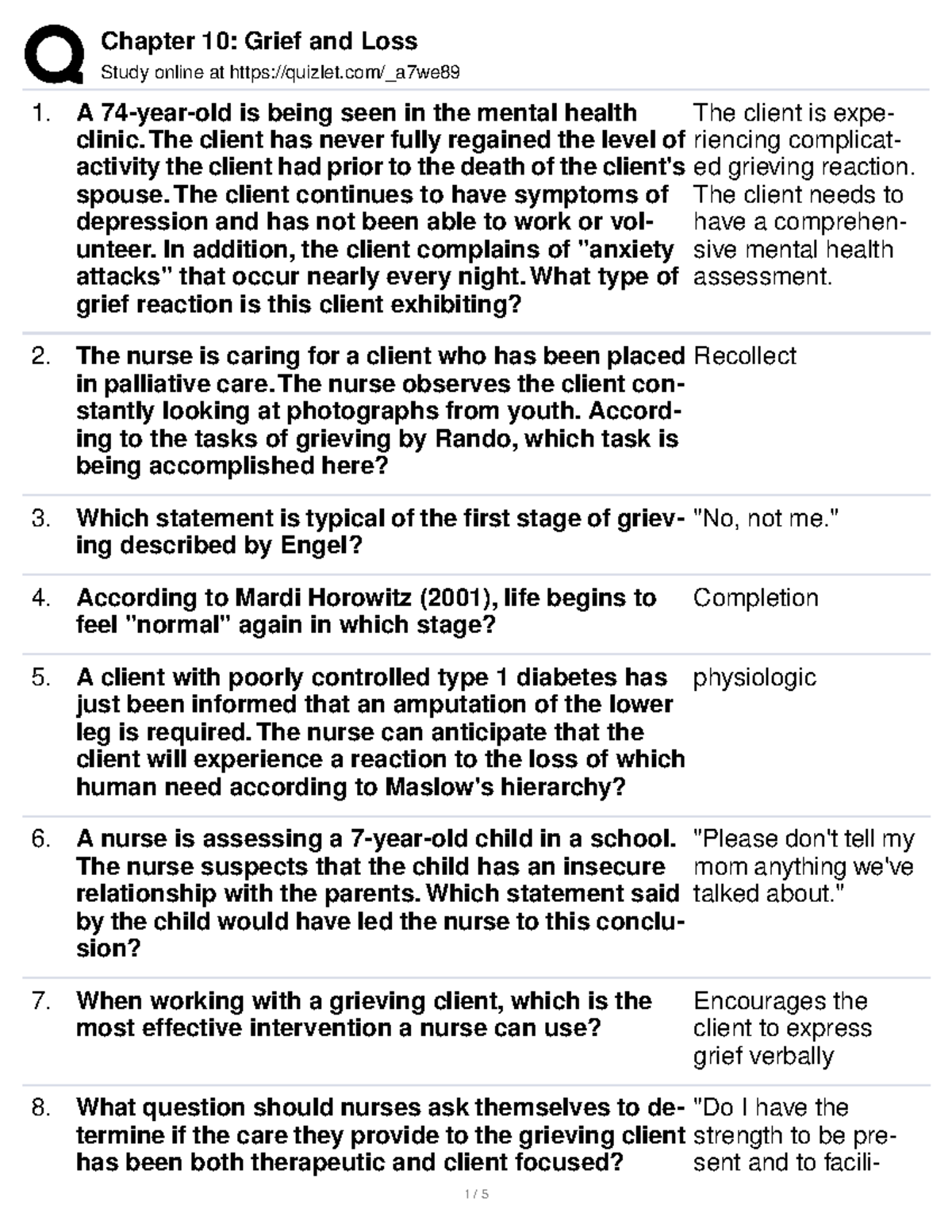 MH Chapter 10 Grief And Loss 1 - Study Online At Quizlet/_a7we A 74 ...