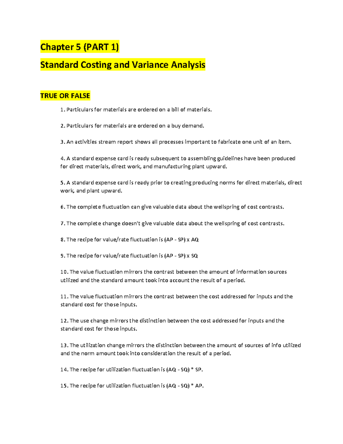 Chapter 5 Standard Costing and Variance Analysis - Chapter 5 (PART 1 ...