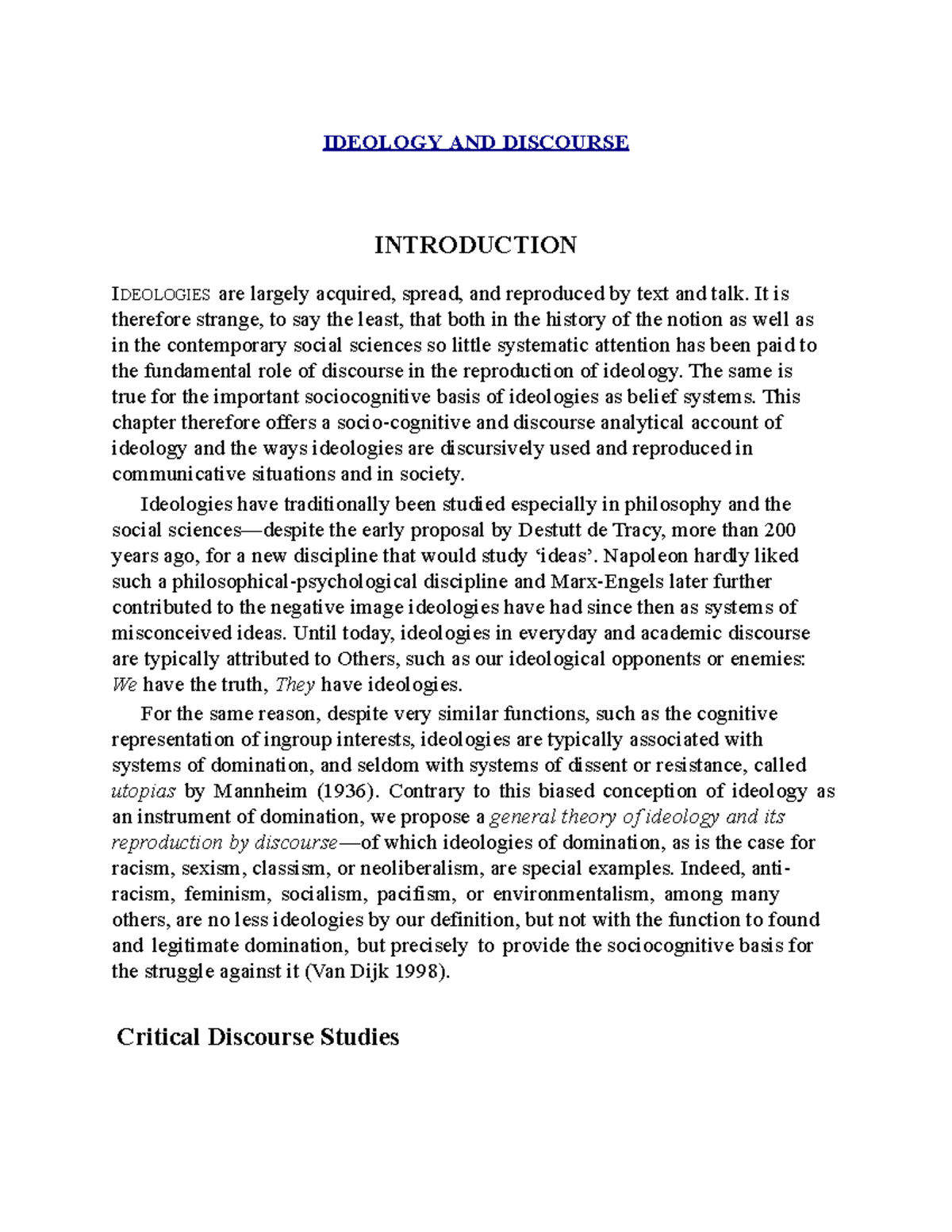 Ideology AND Discourse - IDEOLOGY AND DISCOURSE INTRODUCTION IDEOLOGIES ...