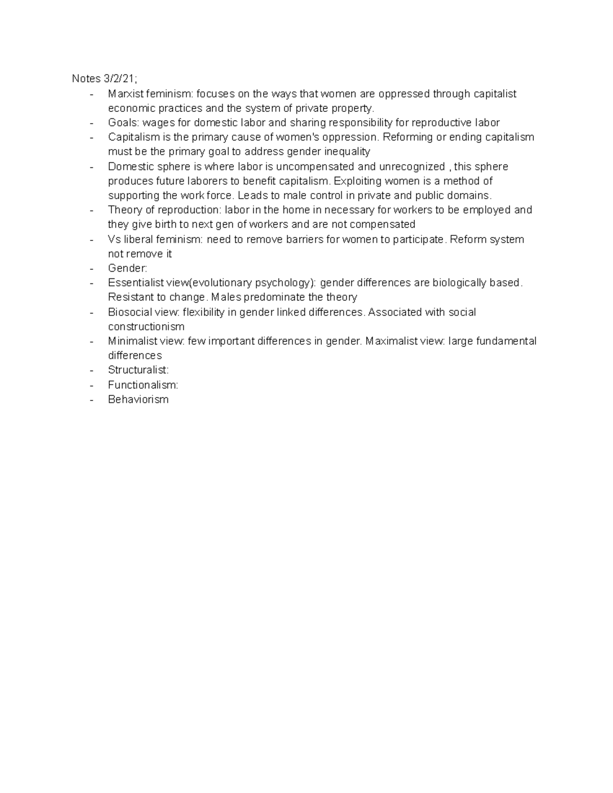Notes 3 2 21; - professor Massey - Notes 3/2/21; - Marxist feminism ...