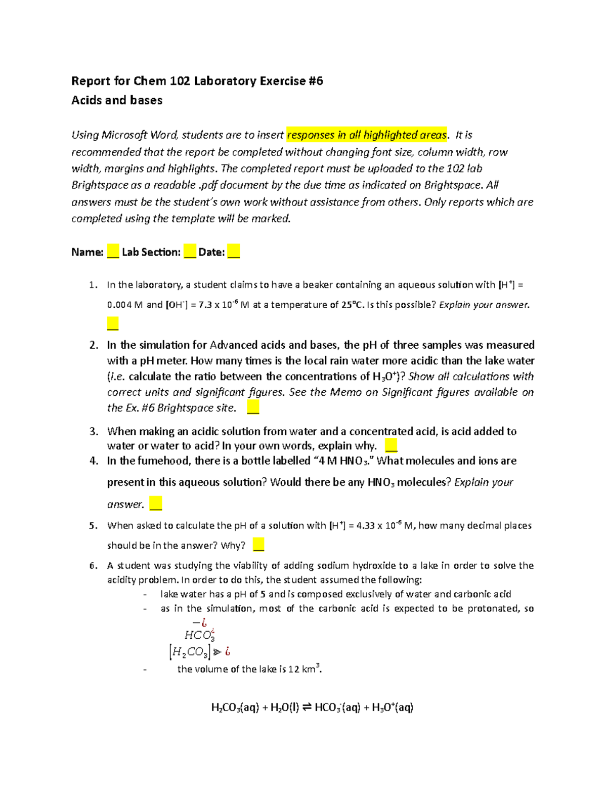 CHEM 102 Ex. #6 Report Template - Report for Chem 102 Laboratory ...